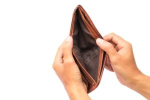 Man hand open an empty wallet on white background