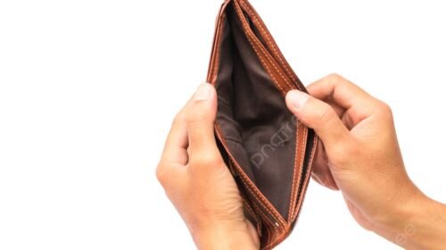 Man hand open an empty wallet on white background